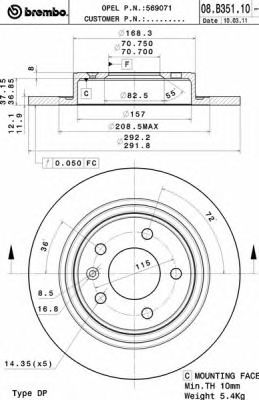Снят, замена 08.b351.11 Диск тормозной Standard | зад | - Brembo 08.B351.10