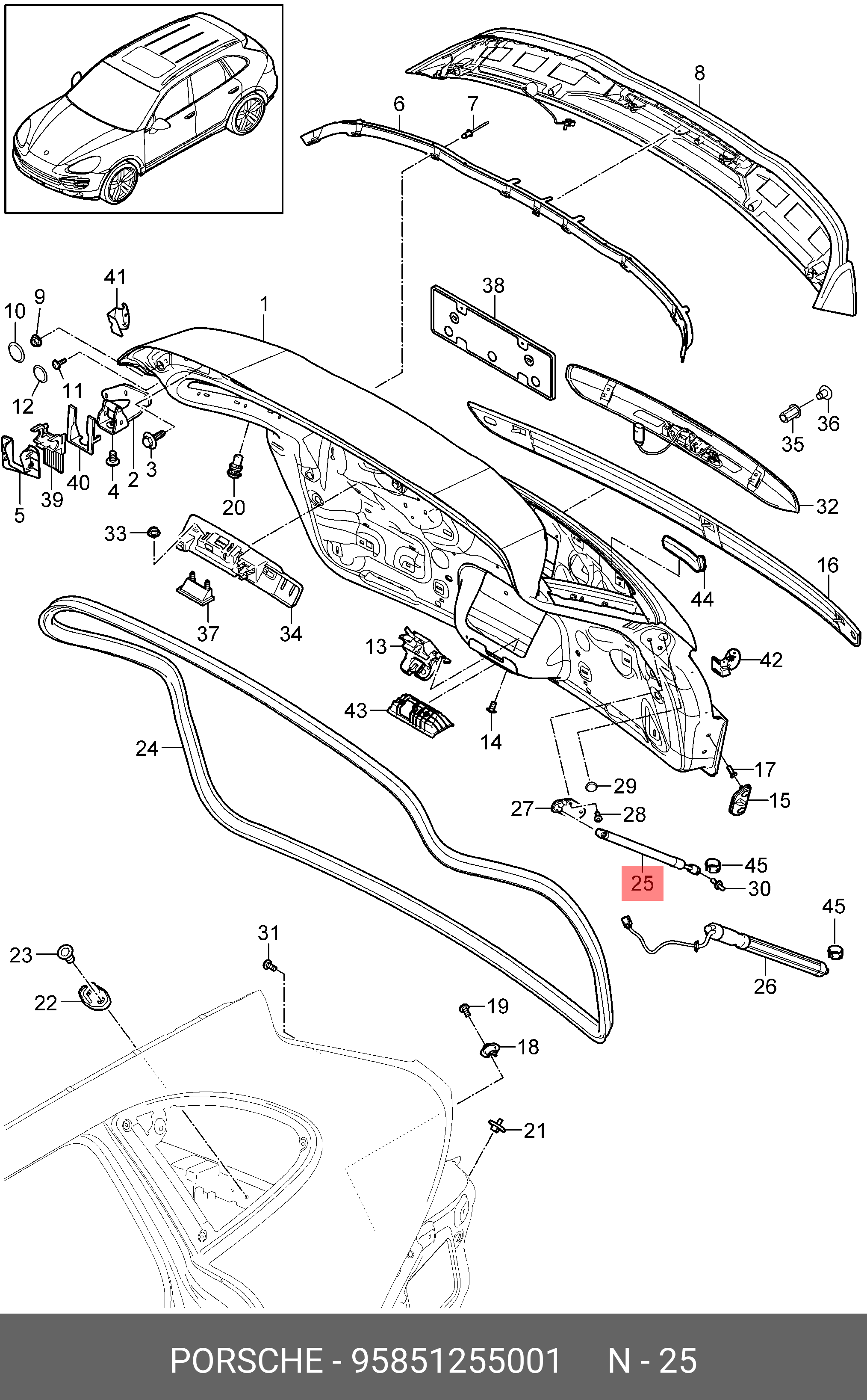Упругий элемент, крышка багажника / помещения для груза  - Porsche 95851255001