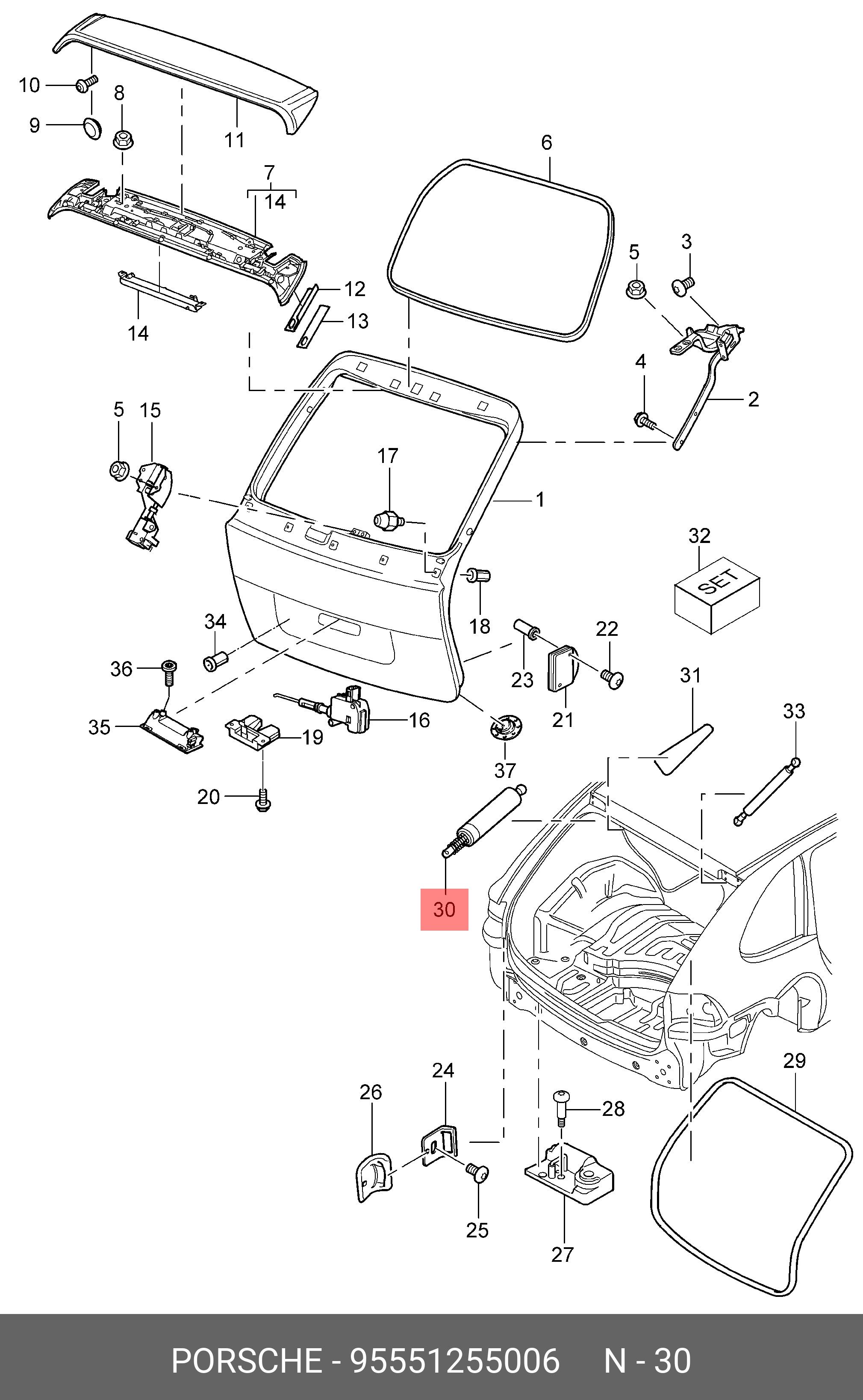 Упругий элемент, крышка багажника / помещения для груза  - Porsche 95551255006