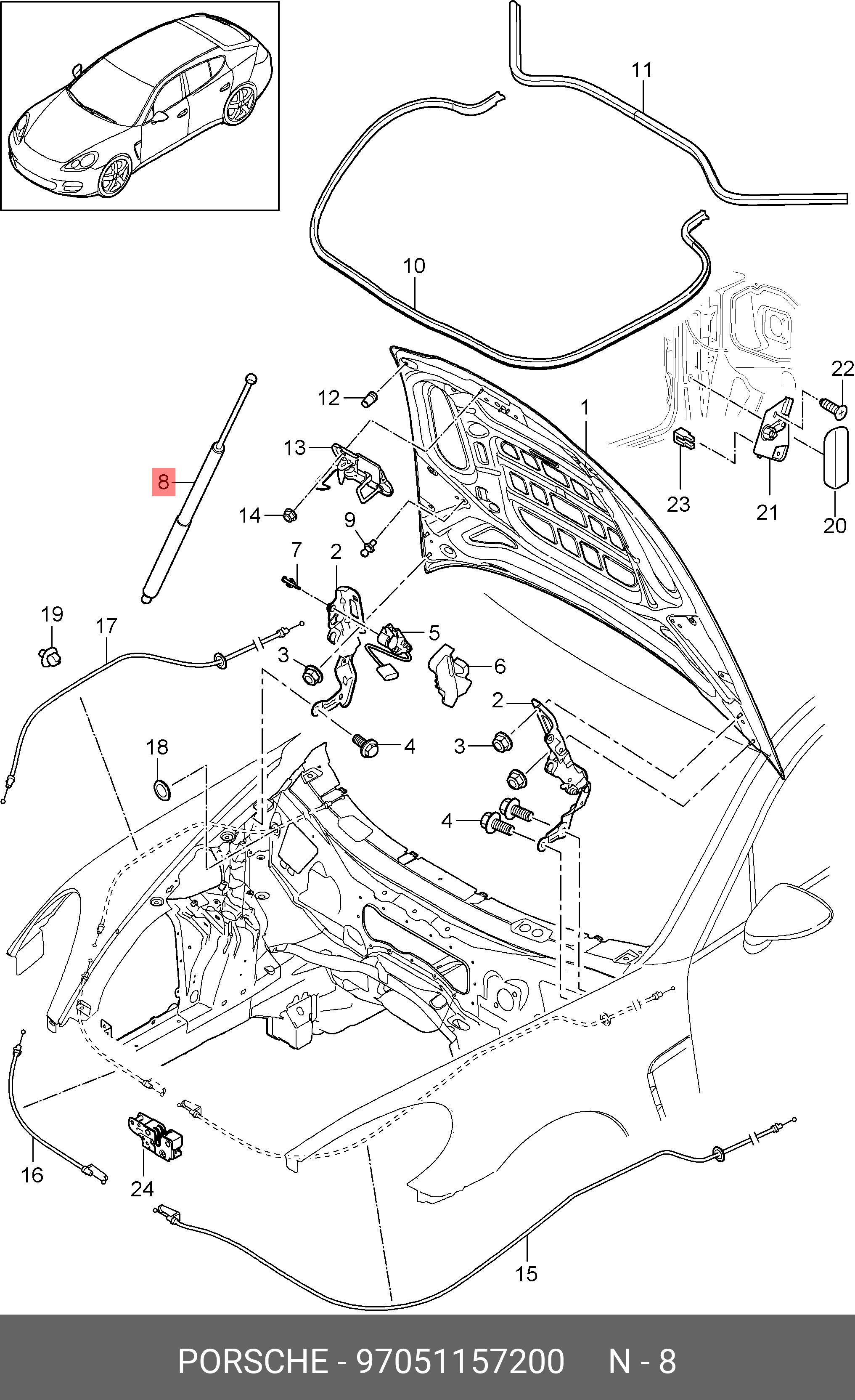 Амортизатор капота - Porsche 97051157200