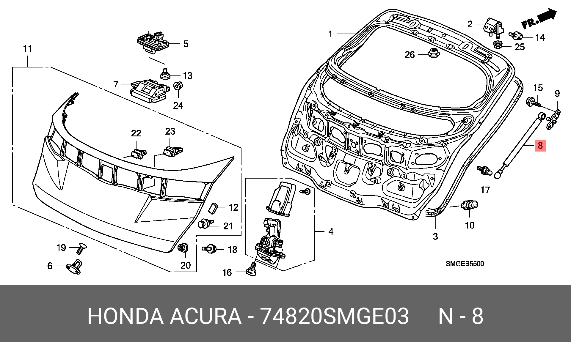 Упругий элемент, крышка багажника / помещения для груза - Honda 74820-SMG-E03