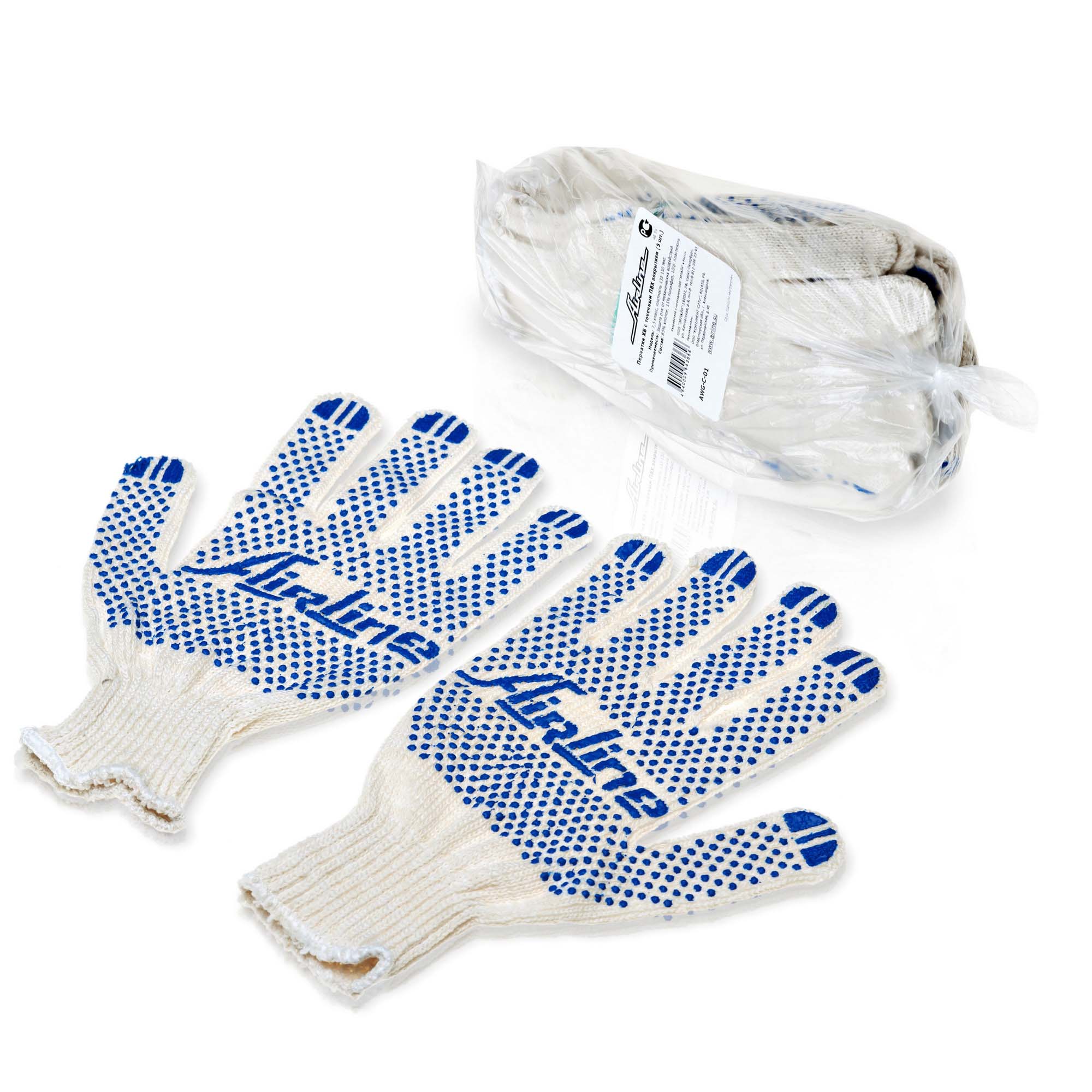Перчатки ХБ с ПВХ покрытием, белые, (5 пар), 150т/7,5 класс - AIRLINE AWG-C-01