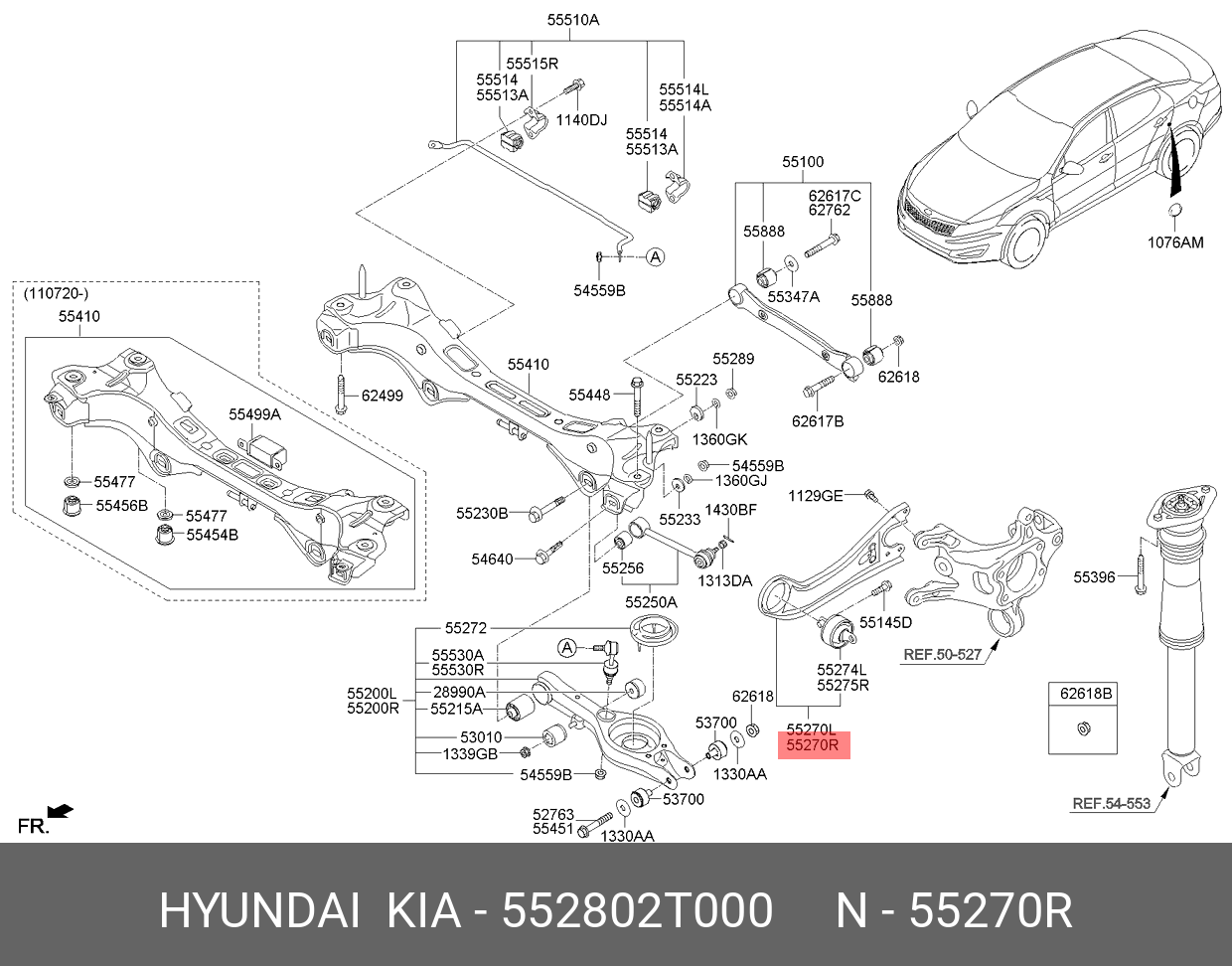 Рычаг задний продольный правый - Hyundai/Kia 552802T000