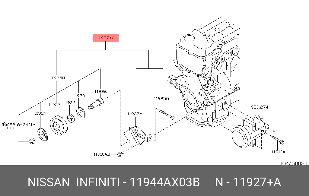Ролик натяжной навесного оборудования - Nissan 11944-AX03B