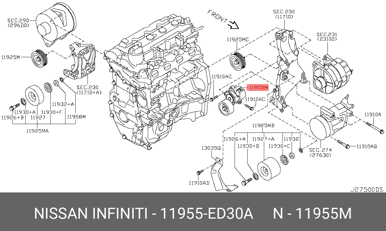 Ролик натяжной навесного оборудования - Nissan 11955-ED30A