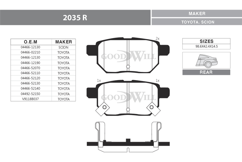 Снят с производства Колодки тормозные дисковые задние, комплект - GoodWill 2035 R