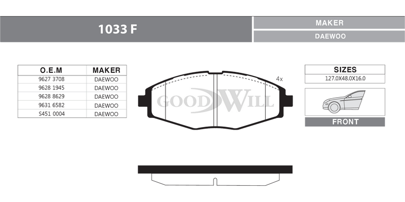 Снят с производства Колодки тормозные дисковые передние, комплект - GoodWill 1033 F