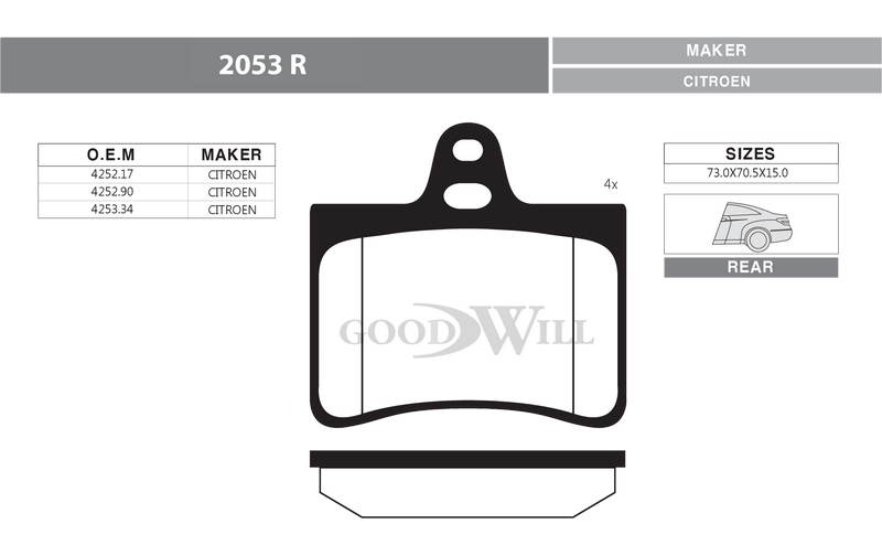 Снят с производства Колодки тормозные дисковые задние, комплект - GoodWill 2053 R