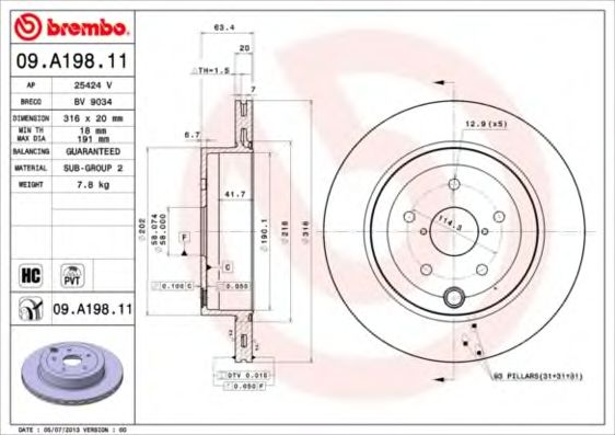 Диск тормозной UV Coated | зад | - Brembo 09.A198.11