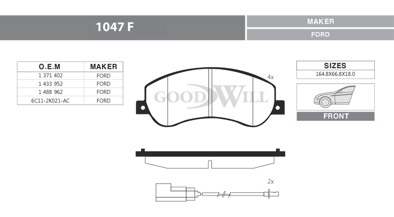 Снят с производства Колодки тормозные дисковые передние, комплект - GoodWill 1047 F