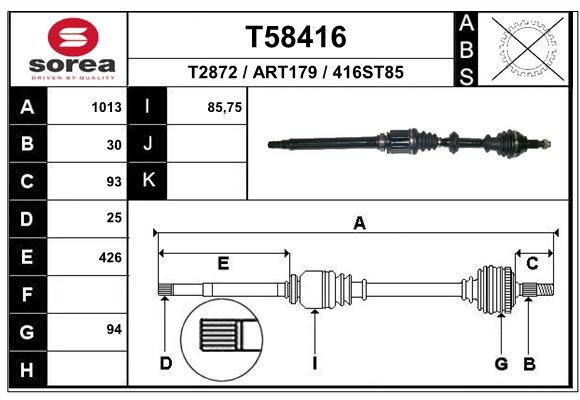 Полуось AR 159 1.9jtd, 2.2jts мкпп правая | перед прав | - EAI T58416