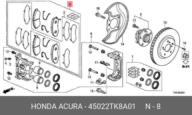 Колодки тормозные дисковые | перед | - Honda 45022-TK8-A01