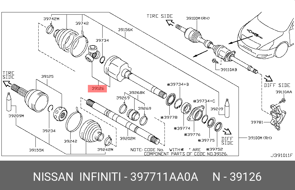 Шрус внутренний | перед прав | - Nissan 39771-1AA0A