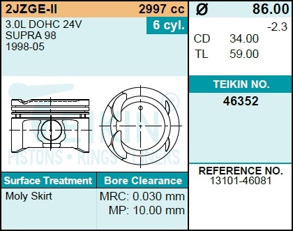 Поршни без колец Toyota 2jz-ge 98- d86.0+0.5 на 6 - Teikin 46352050