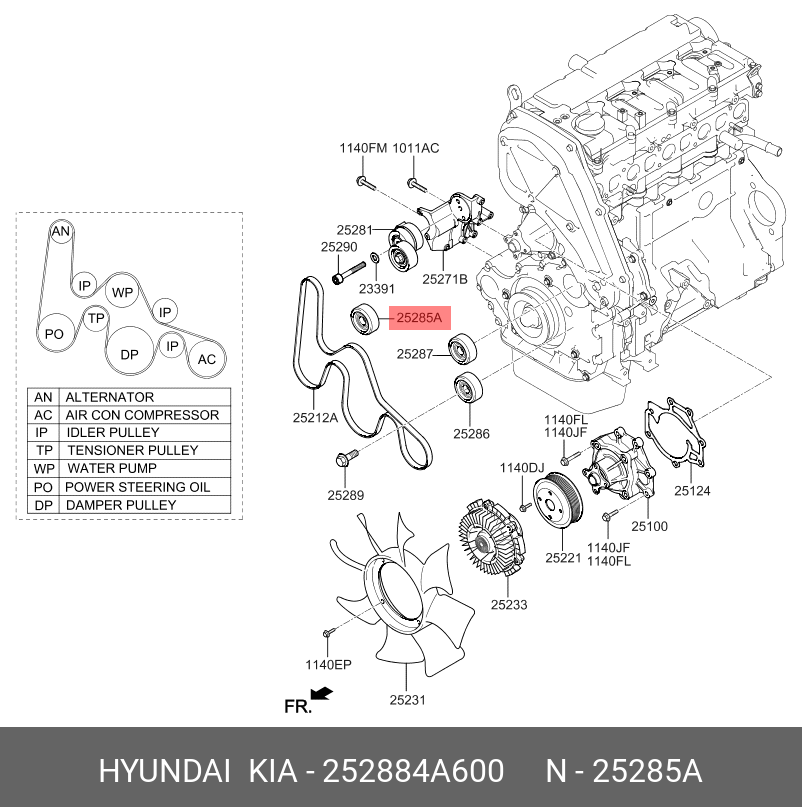 Промежуточный ролик ремня - Hyundai/Kia 252884A600