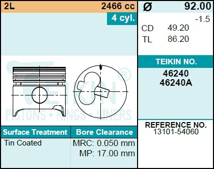 Поршни БЕЗ колец toyota 2L d92.0 STD teikin (НА 4 - Teikin 46240STD