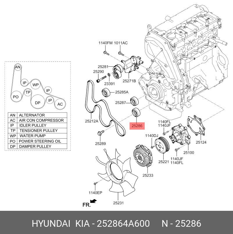 Шкив натяжителя ремня грм - Hyundai/Kia 252864A600