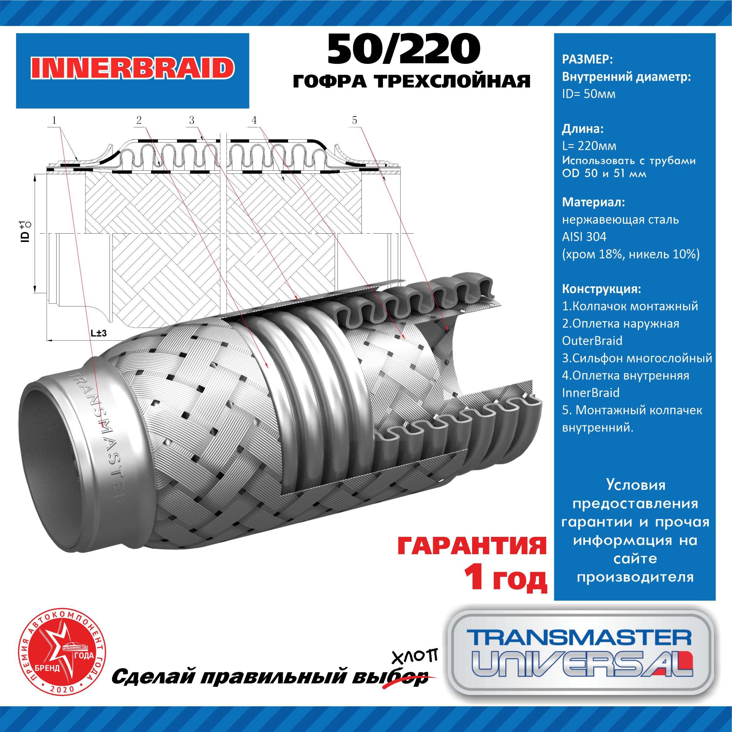 Гофра выхлопной трубы автомобиля 50/220 - TRANSMASTER UNIVERSAL 50/220