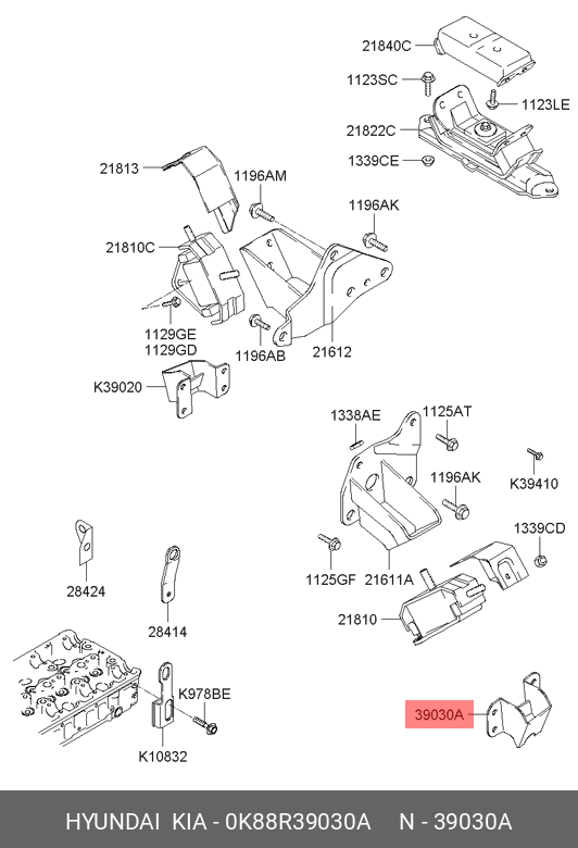 Кузовной кронштейн опоры двигателя - Hyundai/Kia 0K88R39030A