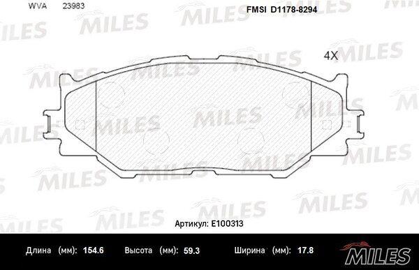 Колодки тормозные передние, lexus is220/is250 05- ( Смесь Semi-Metallic, ISO 9001 ). - Miles E100313