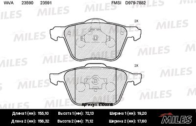 Колодки тормозные volvo s60/v70/s80/xc70/xc90 98- передние - Miles E100316
