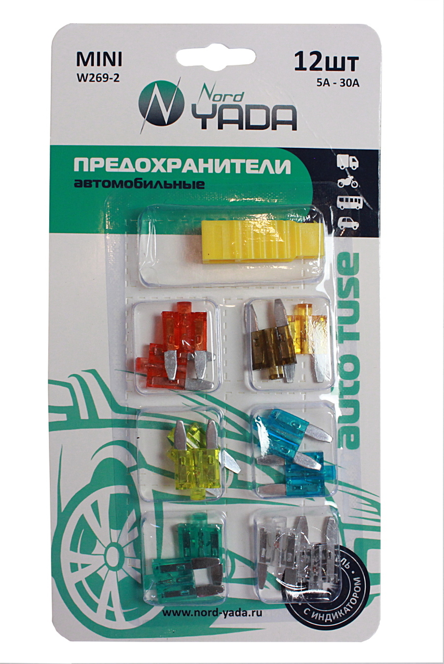 Предохранитель mini с индикатором w269-2 12 шт в блистере (5а,7,5а,10а-2,15а-2,20а-2,25а,30а) - Nord Yada 904064