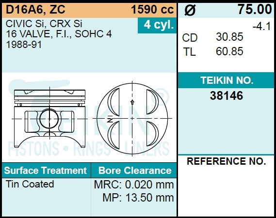 Поршни без колец honda d16a6 d75.0 std на 4 цил. t - Teikin 38146STD