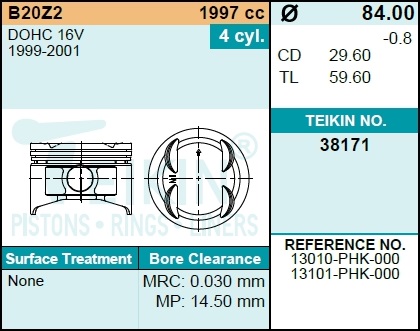 Поршни без колец honda b20z2 d84.0 std (13010-phk- - Teikin 38171STD