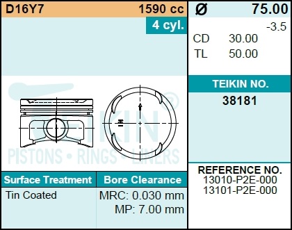Поршень без колец honda d16y7 d75.0 std (13010-p2e - Teikin 38181STD