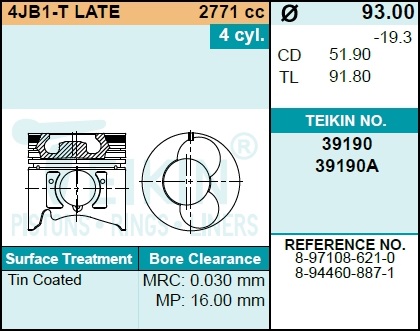 Поршень без колец isuzu 4jb1-t late d93.0 std (8-9 - Teikin 39190STD