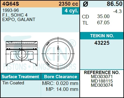 Поршни без колец mitsubishi 4g64s d86.5 std teikin - Teikin 43225STD