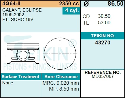 Поршни без колец mitsubishi 4g64-ii d86.5 std teik - Teikin 43270STD