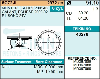 Поршни без колец mitsubishi 6g72 sohc 24v d91.1 st - Teikin 43278STD