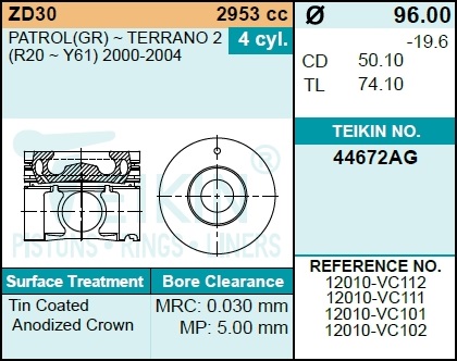 Поршень без колец nissan zd30 d96.0 std (12010-vk6 - Teikin 44672AGSTD