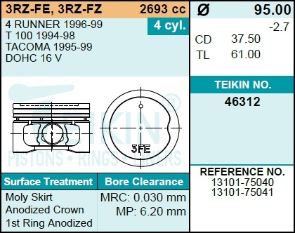 Поршни без колец toyota 3rz-fe d95.0 std (13101-75 - Teikin 46312STD