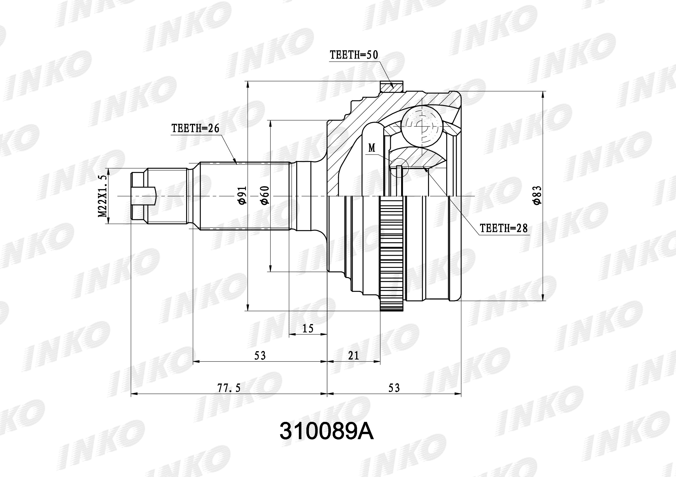 Шрус внешний 26/28 ABS 50 | перед прав/лев | - INKO 310089A