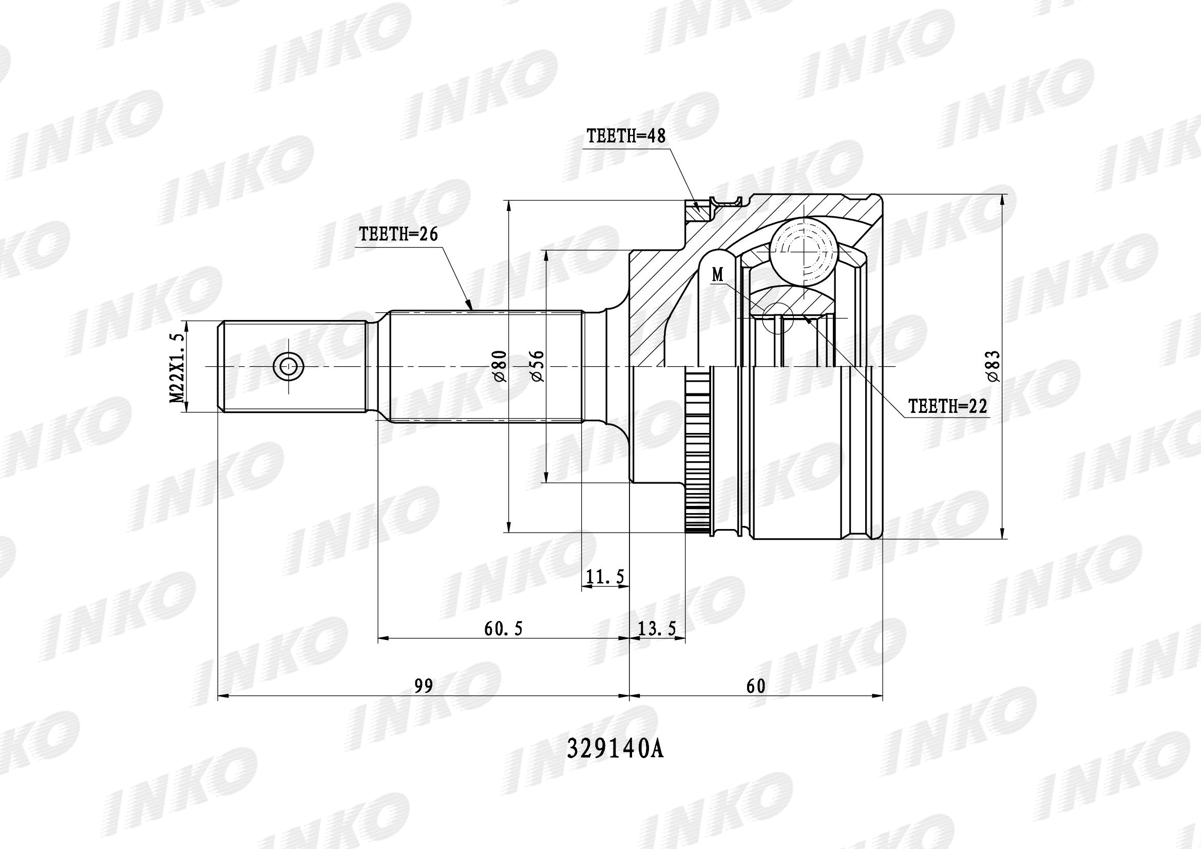 Шрус внешний 26/22 ABS 48 | перед прав/лев | - INKO 329140A