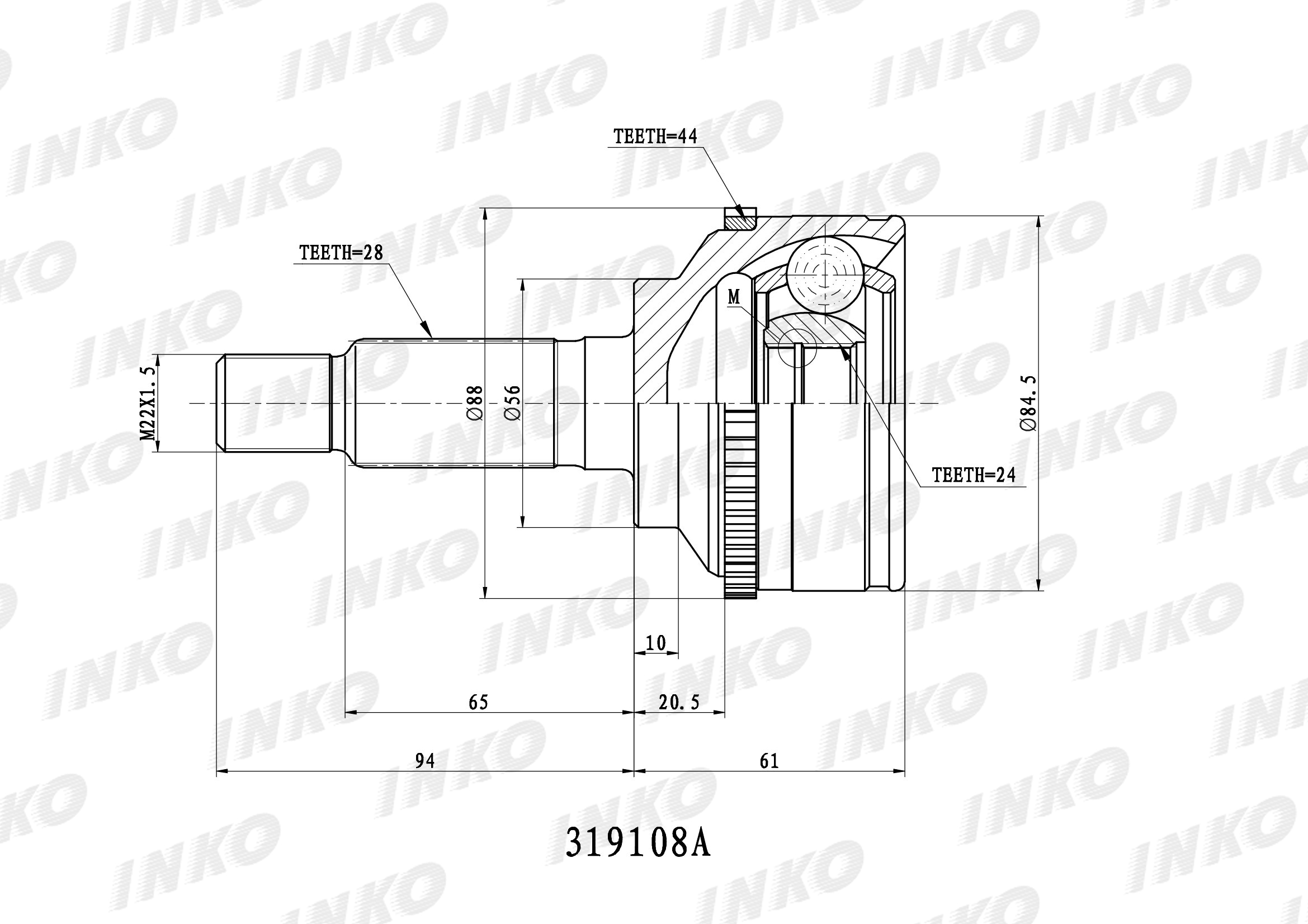Шрус внешний 28/24 ABS 44 | зад | - INKO 319108A
