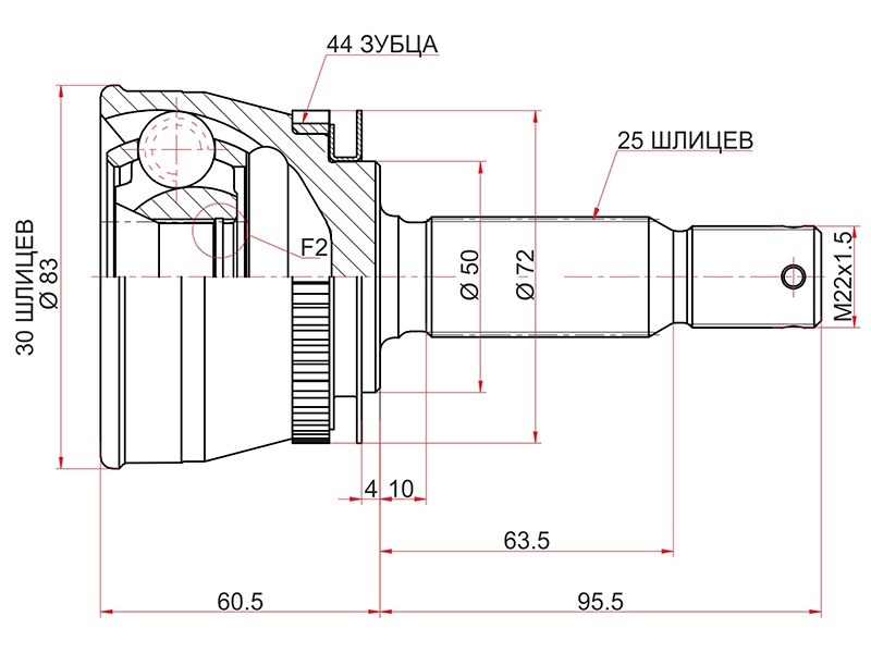 Шрус наружный (размер 30х50х25, с АБС 44 зуб.) hyundai matrix - SAT HY-820A44
