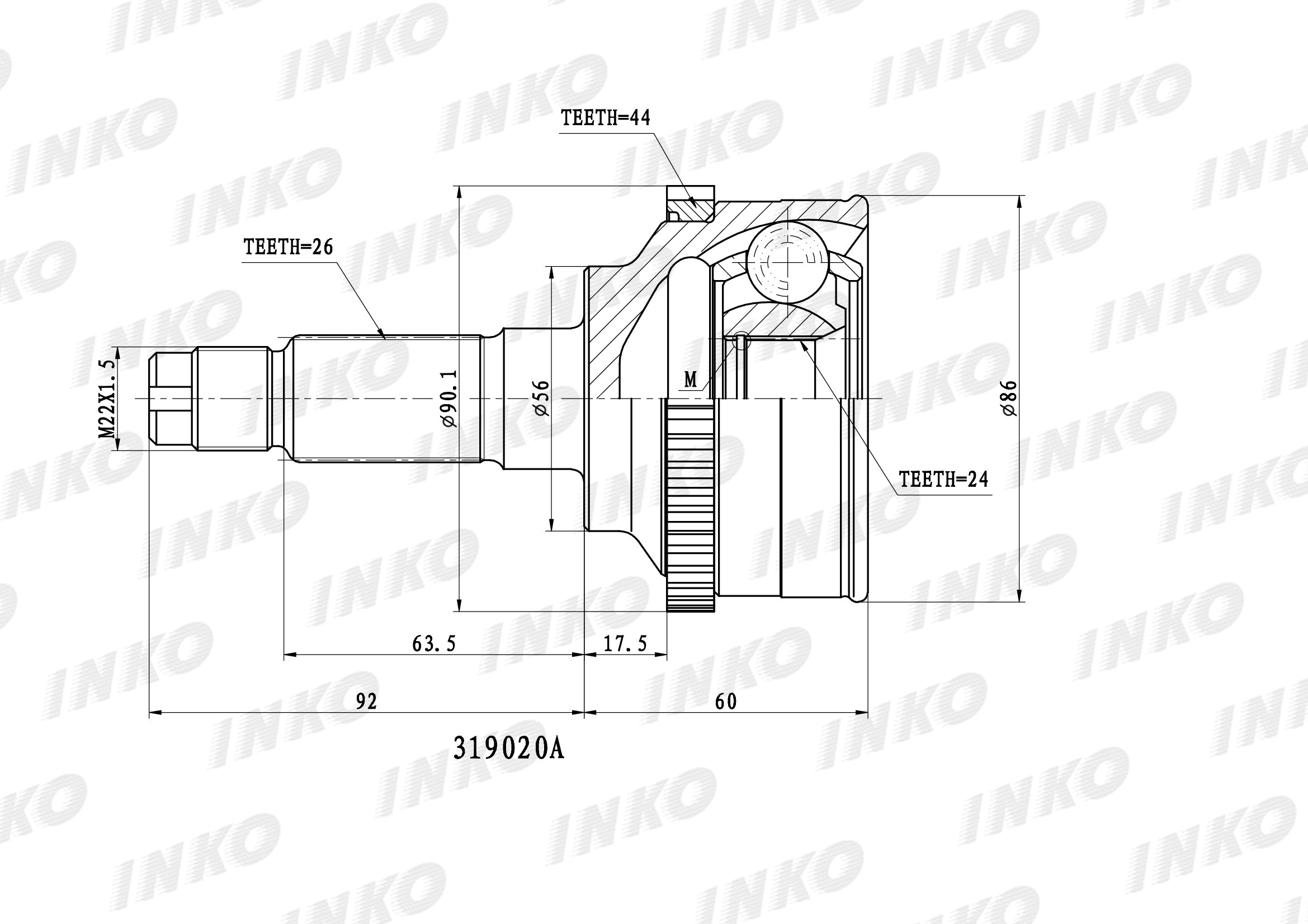 Шрус внешний 26/24 ABS 44 | перед | - INKO 319020A