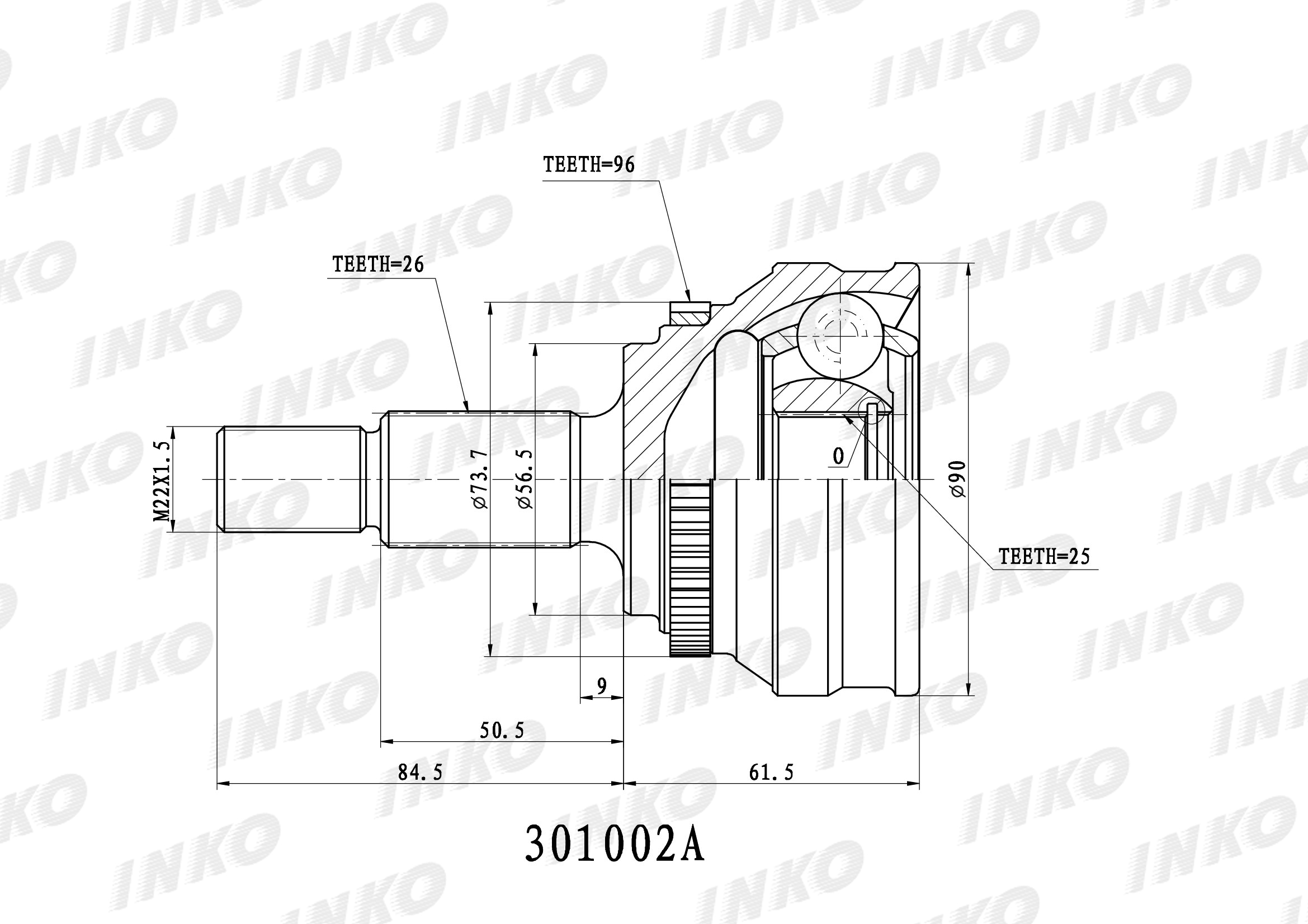 Шрус внешний 26/25 ABS 96 | перед | - INKO 301002A