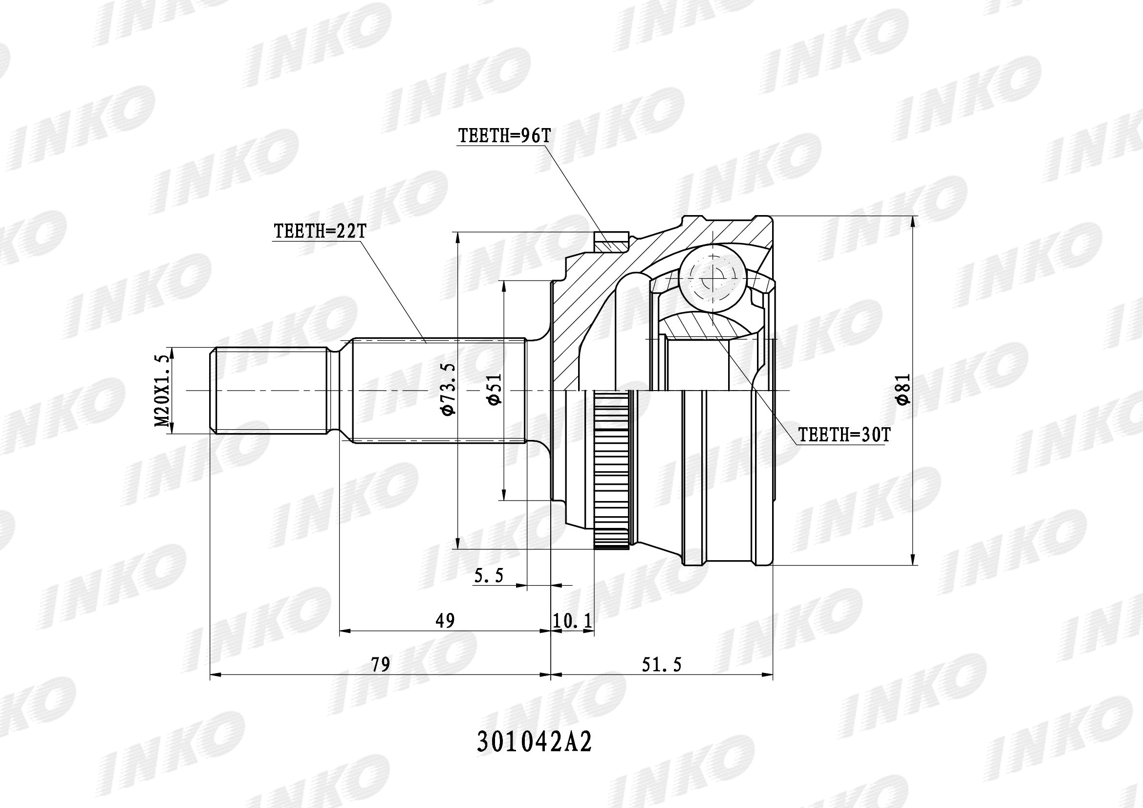 Шрус внешний 22/30 ABS 96 | перед | - INKO 301042A2