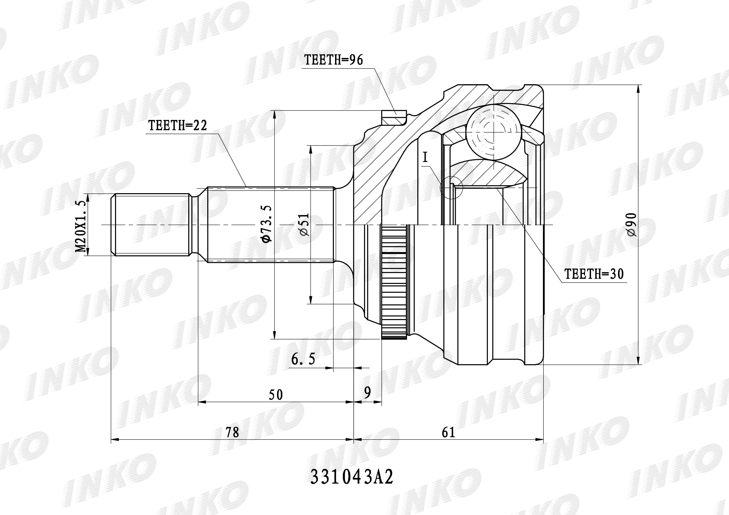 Шрус внешний22/30 ABS 96 | перед | - INKO 331043A2