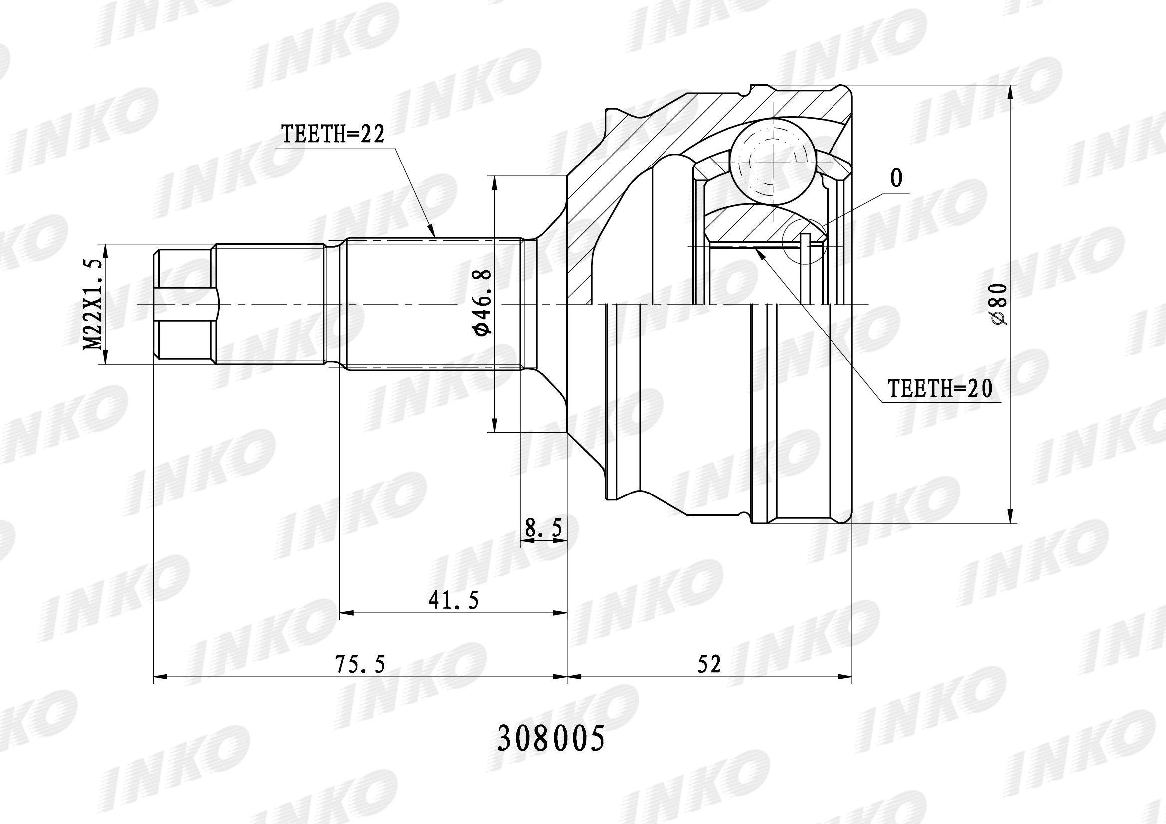 Шрус внешний 22/20 | зад прав/лев | - INKO 308005