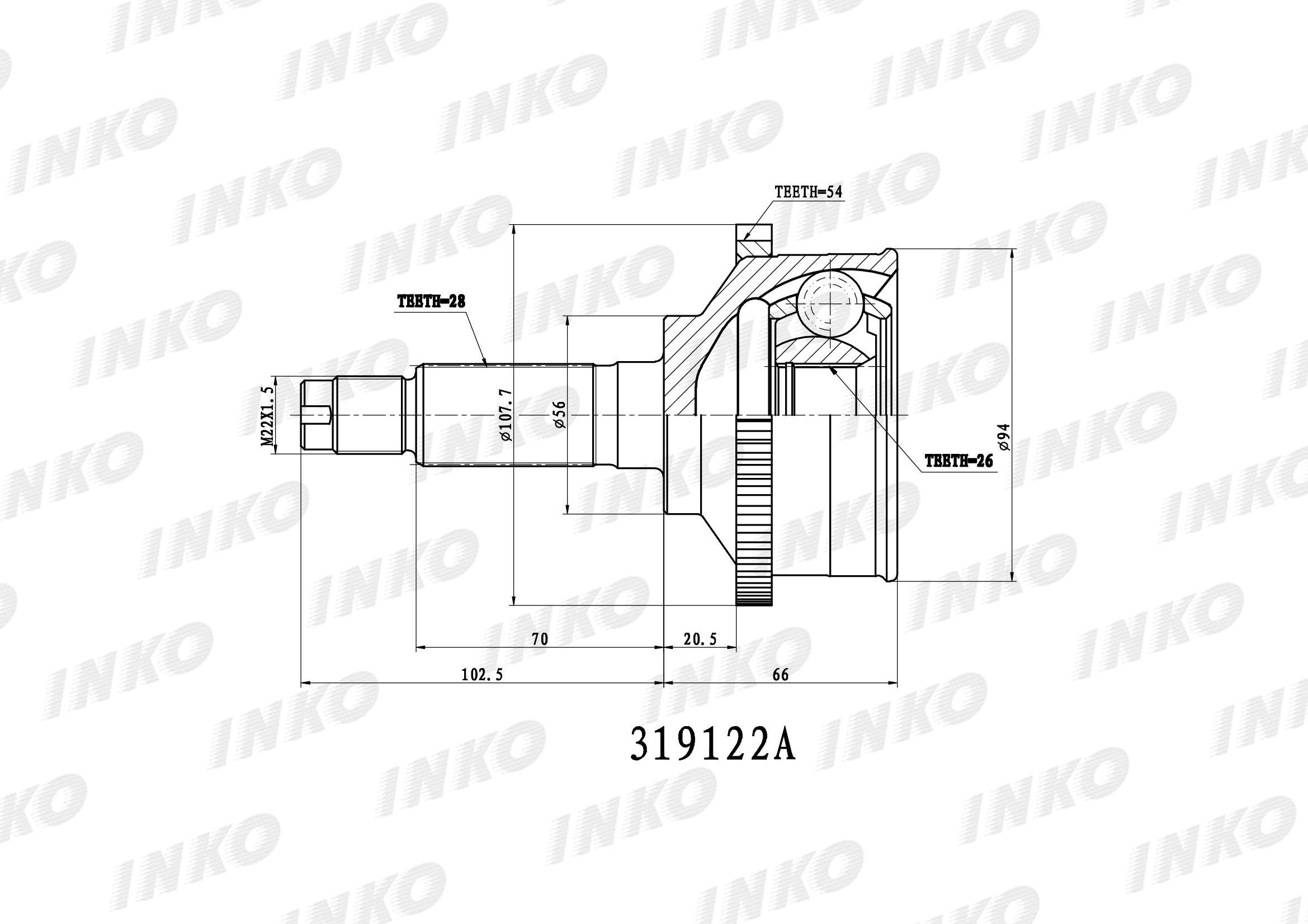 Шрус внешний 28/26 ABS 54 | перед прав/лев | - INKO 319122A