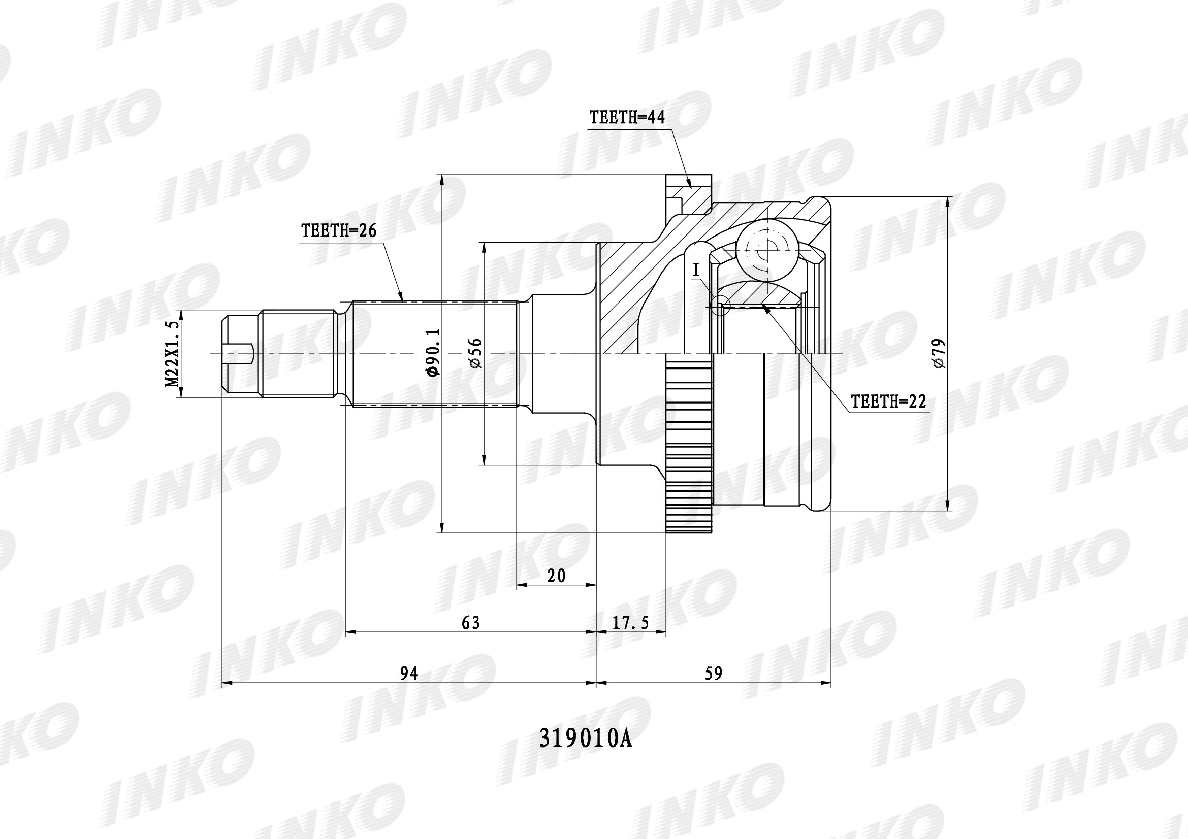 Шрус внешний 26/22 ABS 44 | перед прав/лев | - INKO 319010A