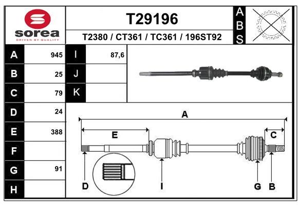 T29196_привод правый! 945mm ABS  Citroen C4 Grand Picasso i 2.0HDi 06> | перед прав | - EAI T29196