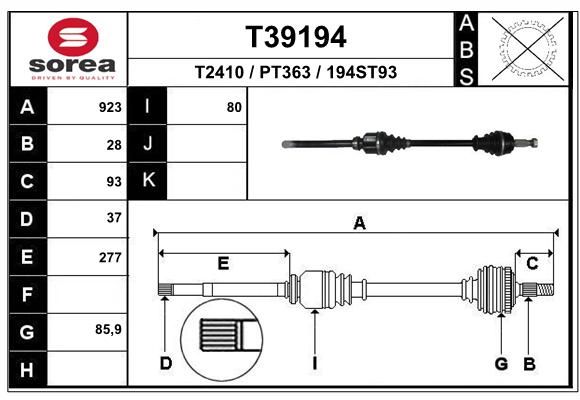 T39194_привод правый!923mm  Peugeot 308 1.2i/1.6-2 - EAI T39194
