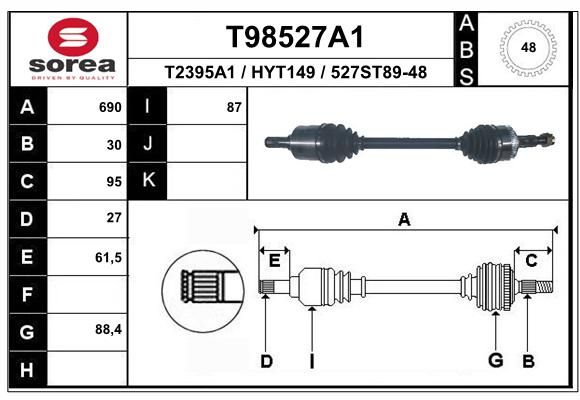 T98527A1_привод левый! 690mm ABS Hyundai ix35 1.7CRDi/2.0/CRDi 10>, Kia Sportage 10> - EAI T98527A1