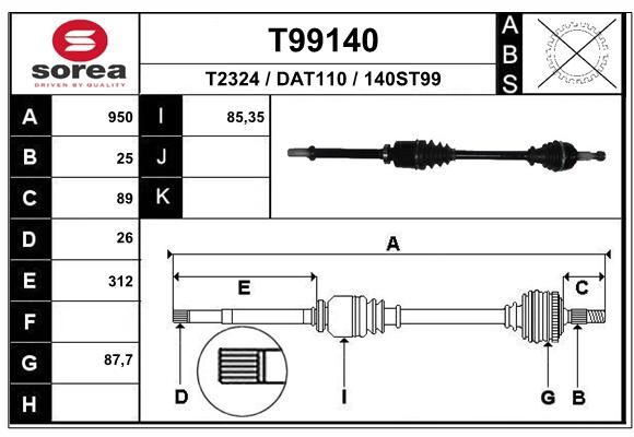 T99140_привод правый! 950mm Renault Duster 1.5Cdi 10> - EAI T99140